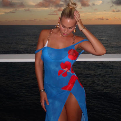 Big Backless Printed Dress Split Slimming Maxi Dress for