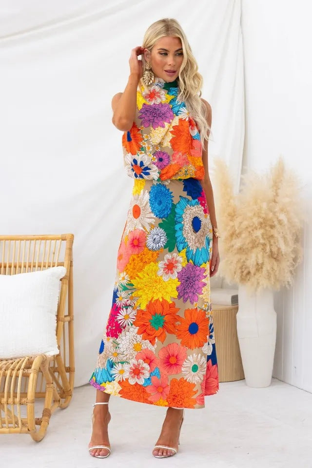 European Popular Vacation Printing Sleeveless Halter Waist Tight Maxi Dress