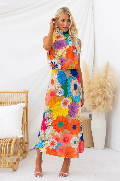 European Popular Vacation Printing Sleeveless Halter Waist Tight Maxi Dress
