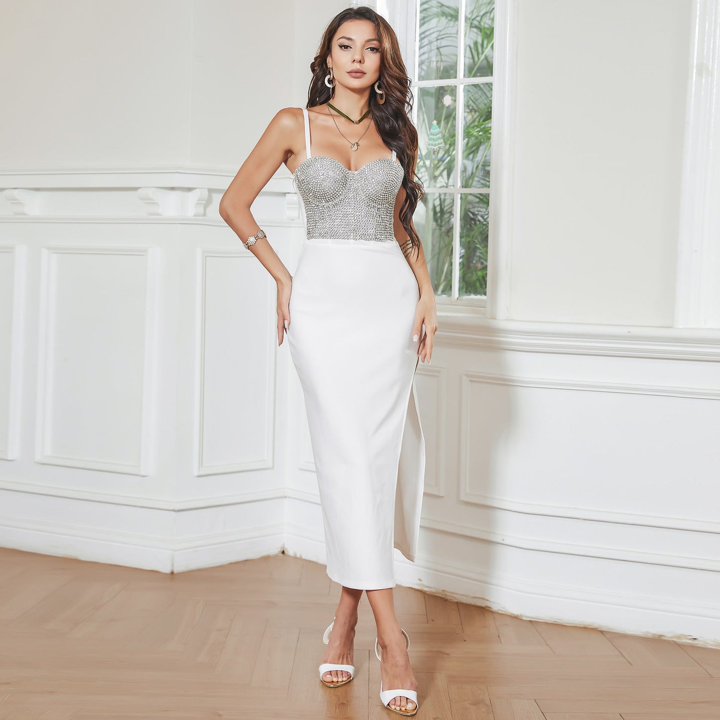 Sheath Dress Sleeveless Steel BChest Pad Boning Corset Rhinestone Beaded