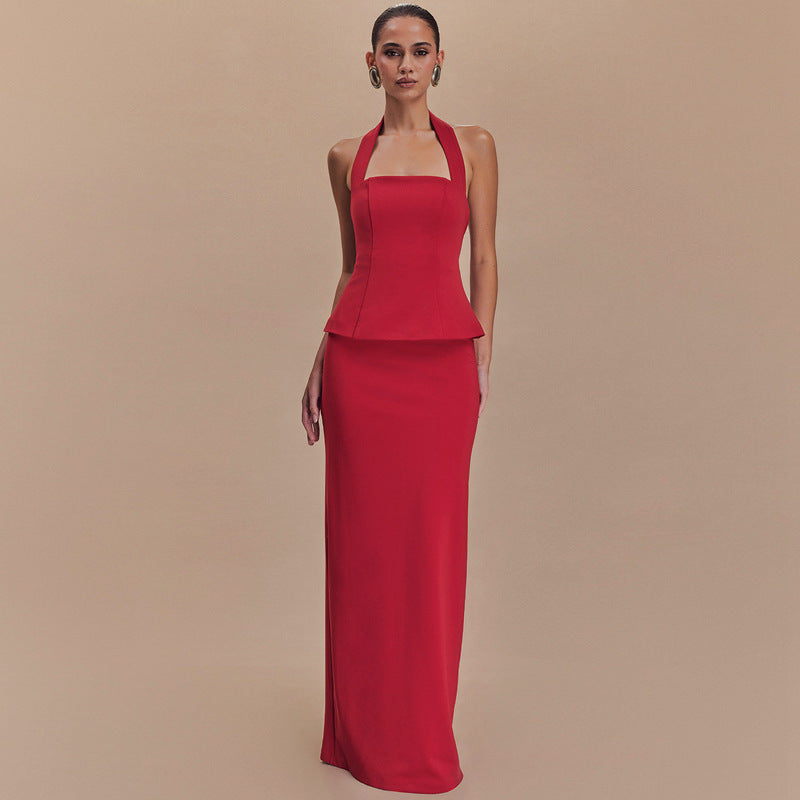 Solid Color Halter Top Backless Slim Fit Maxi Dress Two Piece Set