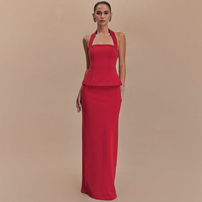 Solid Color Halter Top Backless Slim Fit Maxi Dress Two Piece Set
