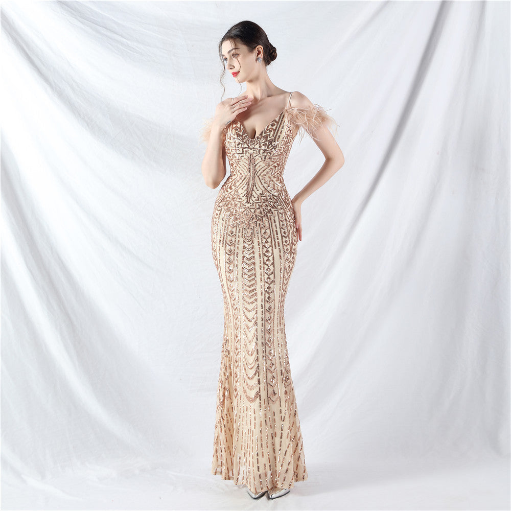 Positioning Floral Sequin Craft Order Ostrich Hair High End Evening Dress