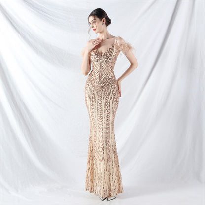 Positioning Floral Sequin Craft Order Ostrich Hair High End Evening Dress