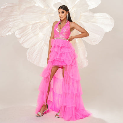 High End Sleeveless Elegant Halter Long Sequined Cocktail Evening Dress Bridesmaid Dress