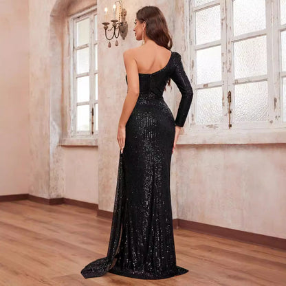 Prom Evening Dress Sequined Rhinestone One Shoulder Sleeve Hollow Out Cutout out Party Evening Dress