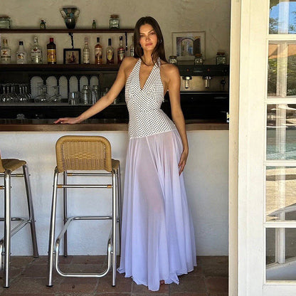 Personality Polka Dot Self Tie Halter V neck Backless Dress