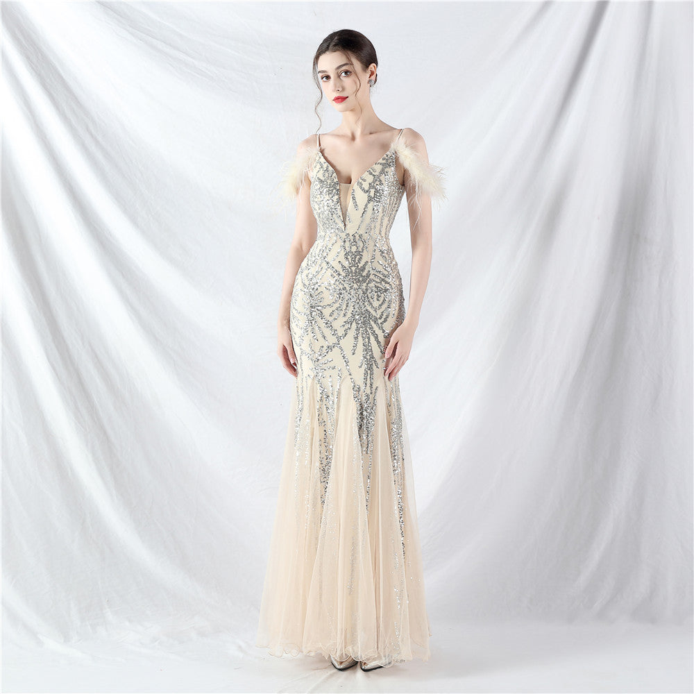 Color Craft Order Ostrich Feather Mesh Sequin Sling Dress Evening Dress