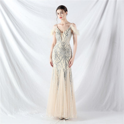 Color Craft Order Ostrich Feather Mesh Sequin Sling Dress Evening Dress