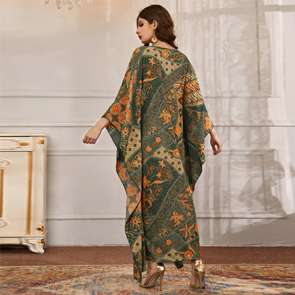 Irregular Asymmetric Dress Fall Long Printed V neck Batwing Sleeve