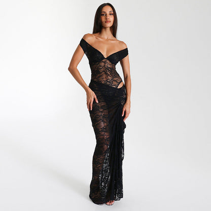 Lace off Shoulder Jumpsuit High Waist Dress See through Set