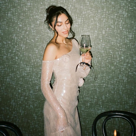 Long Sleeve See through Hollow Out Cutout Party Lace Sequin