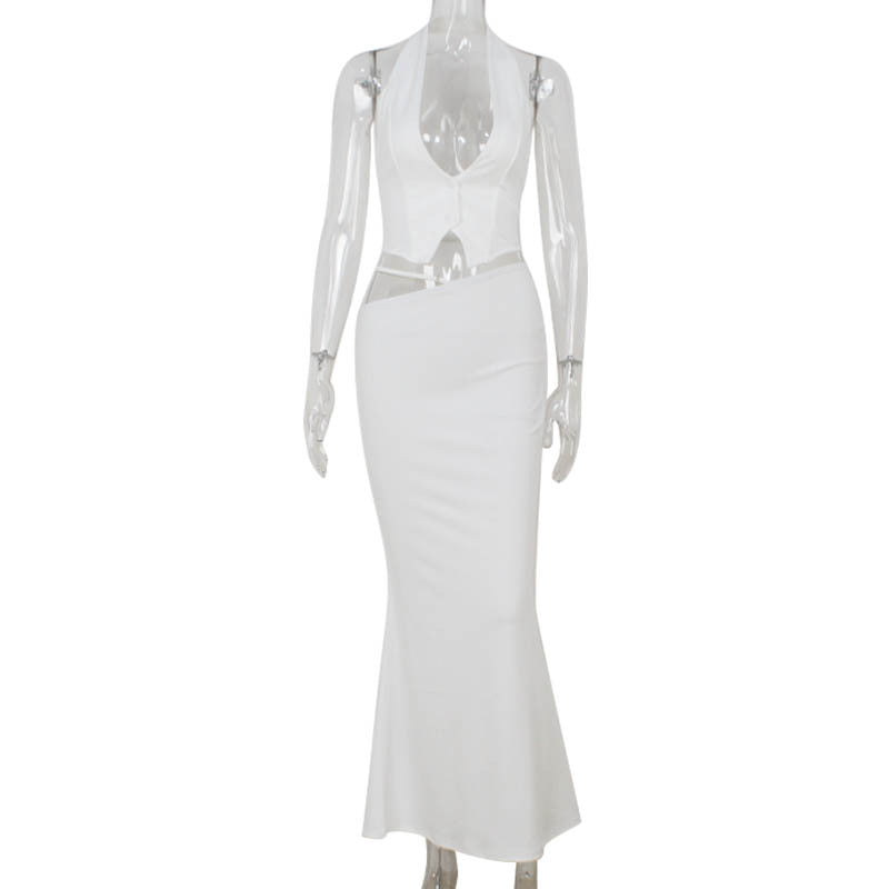 Halter Backless Deep V Plunge Top Sheath Dress Slim Fit Elegant Lady Suit