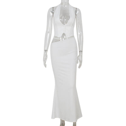 Halter Backless Deep V Plunge Top Sheath Dress Slim Fit Elegant Lady Suit