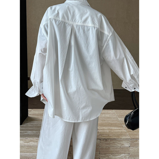 Minimalist All Match Cotton Long-Sleeved Shirt Bandage Dress Polo Collar Top Coat