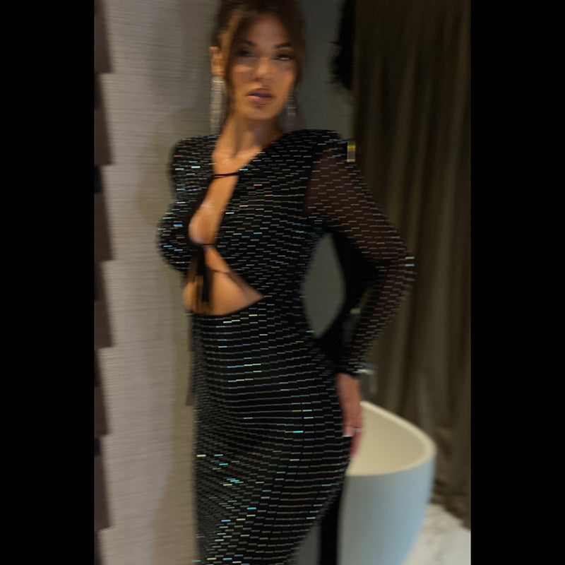 Colorful Sequ Dress Hollow Out Cutout out Strap Slim Fit Maxi Dress