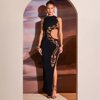High Slit Hollow Out Snake Print Maxi Dress