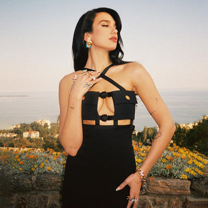 Black Cross Halterneck Pocket Dress Stretch Bandage One Piece Dress Suspender Dress