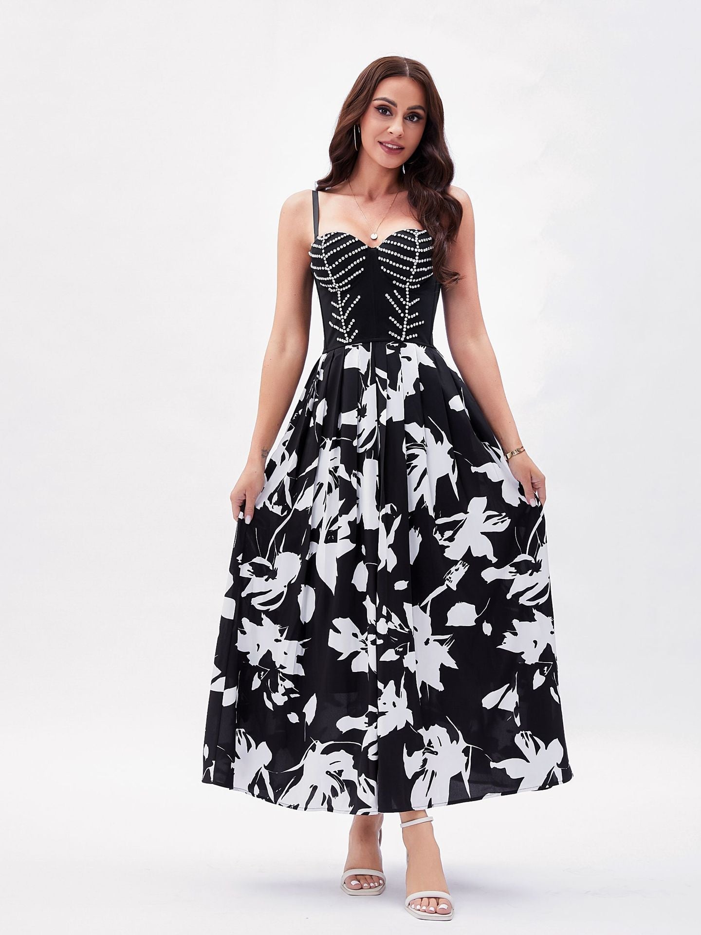 French Diamond Studded by HBoning Corset Floral Shaped Boning Corset Dress Abstract Printing A line Elegant Large Swing