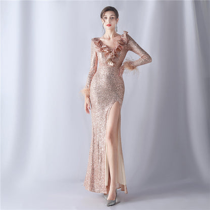 Ostrich Hair Craft Wave Sequin Decoration High End Evening Dress