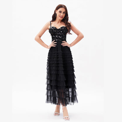Socialite High Sense Black Paillette Beauty Back Underwear One Piece Dress Boning Corset Sling Multi-Layer Tiered Dress