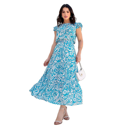 Fresh Floral Maxi Dress Shoulder Short Sleeved Clothes Breathable Two Piece Set