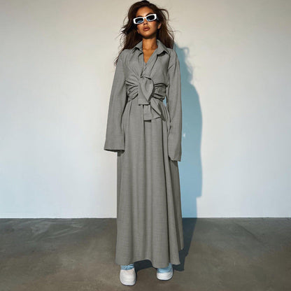 Loose Fitting Long Sleeves Shirt Vest Maxi Dress Two Piece Shirt Skirt Set