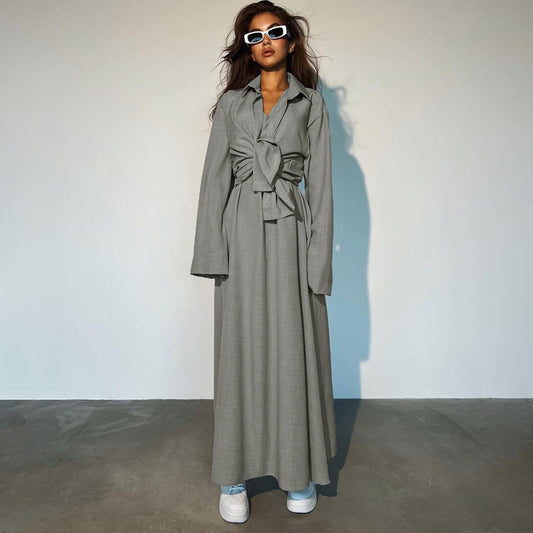 Loose Fitting Long Sleeves Shirt Vest Maxi Dress Two Piece Shirt Skirt Set