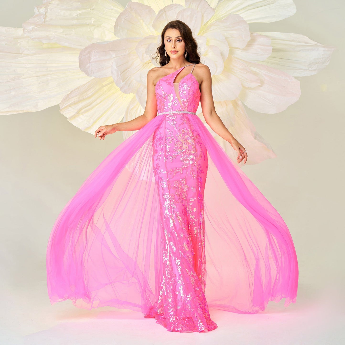 High End One Shoulder Diagonal Collar Sequin Gauze Cocktail Evening Dress Bridesmaid