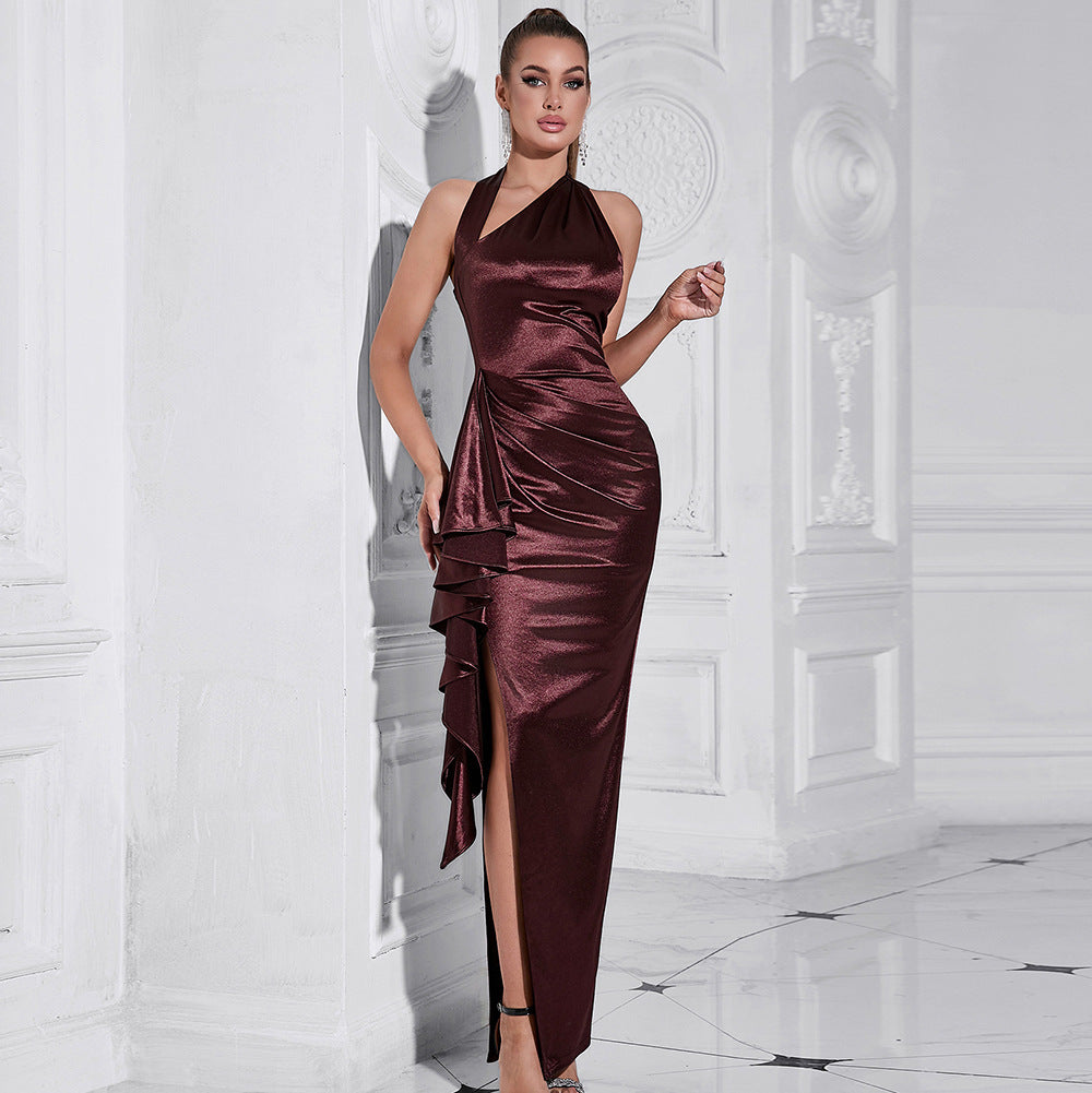 Solid Color Halter Diagonal Collar Dress Waist Fold Split Dress