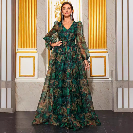 Vacation Dress V Neck Printed Long Sleeve Maxi Dress