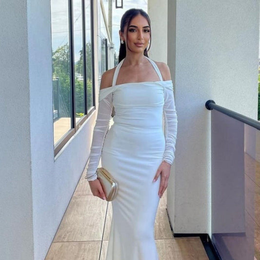 Personality Slim Fit Halterneck Long Sleeved Lace up off Shoulder Dress