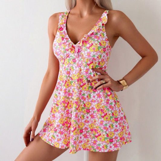 Swimsuit Printed Conservative Dress Split Swimsuit