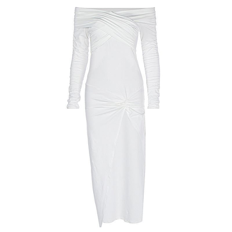 Solid Color off the Shoulder Tube Top Split Pleated Long Sleeve Dress