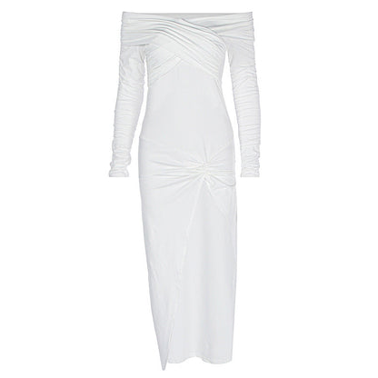 Solid Color off the Shoulder Tube Top Split Pleated Long Sleeve Dress