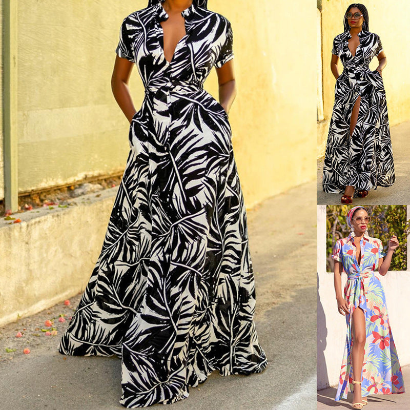 Printed Short Sleeved Lace up Cardigan Collared Dress