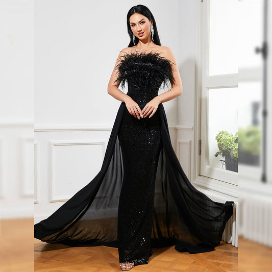 Long Sequined Sleeveless Feather Wrapped Chest Backless Cocktail Evening Dress Bridesmaid Bodycon Maxi
