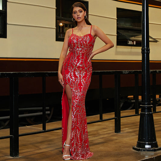 Sleeveless Elegant Long Sequin Sling Backless Cocktail Evening Dress Bridesmaid