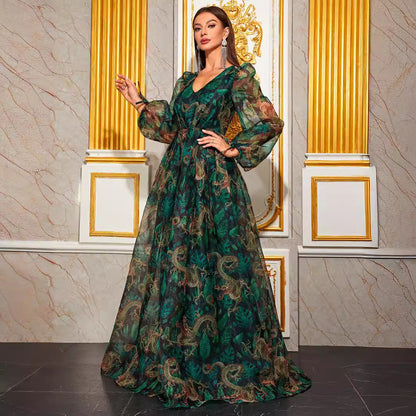 Vacation Dress V Neck Printed Long Sleeve Maxi Dress