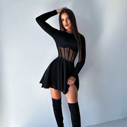 Fall Half High Collar Long Sleeves Mesh Patchwork See through Boning Corset Tight Waist Short Dress