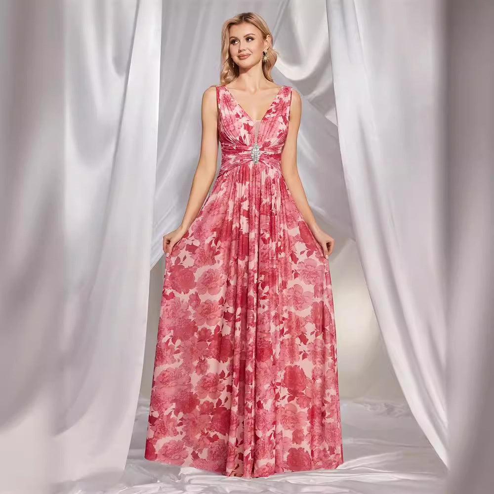 Chiffon V neck Pink Printed Dress Slim Fit Maxi Dress Cocktail Evening Dress Bridesmaid Dress for