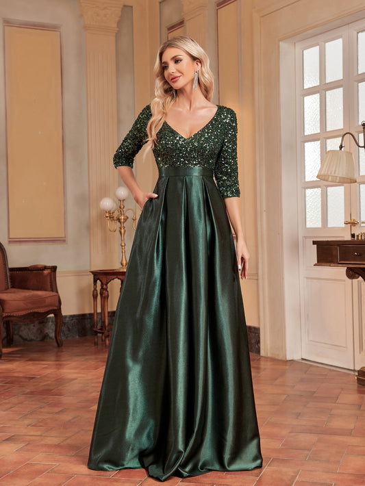 V neck Long Sleeve Sequined Elegant Prom Evening Party Dress