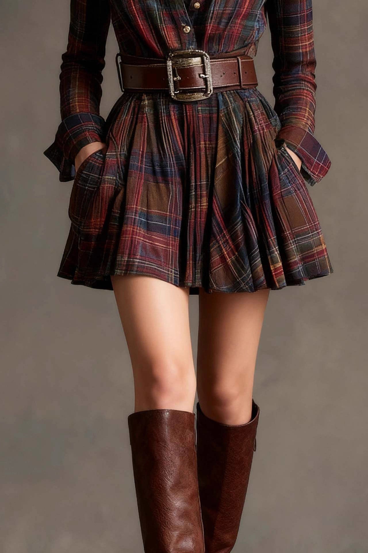 Vintage Lapel Red and Brown Plaid Mini Dress（Includes belt）