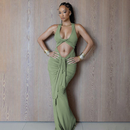 Twisted Hollow Out Cutout out Dress Pleated Lace up Halter Sleeveless Fishtail Dress