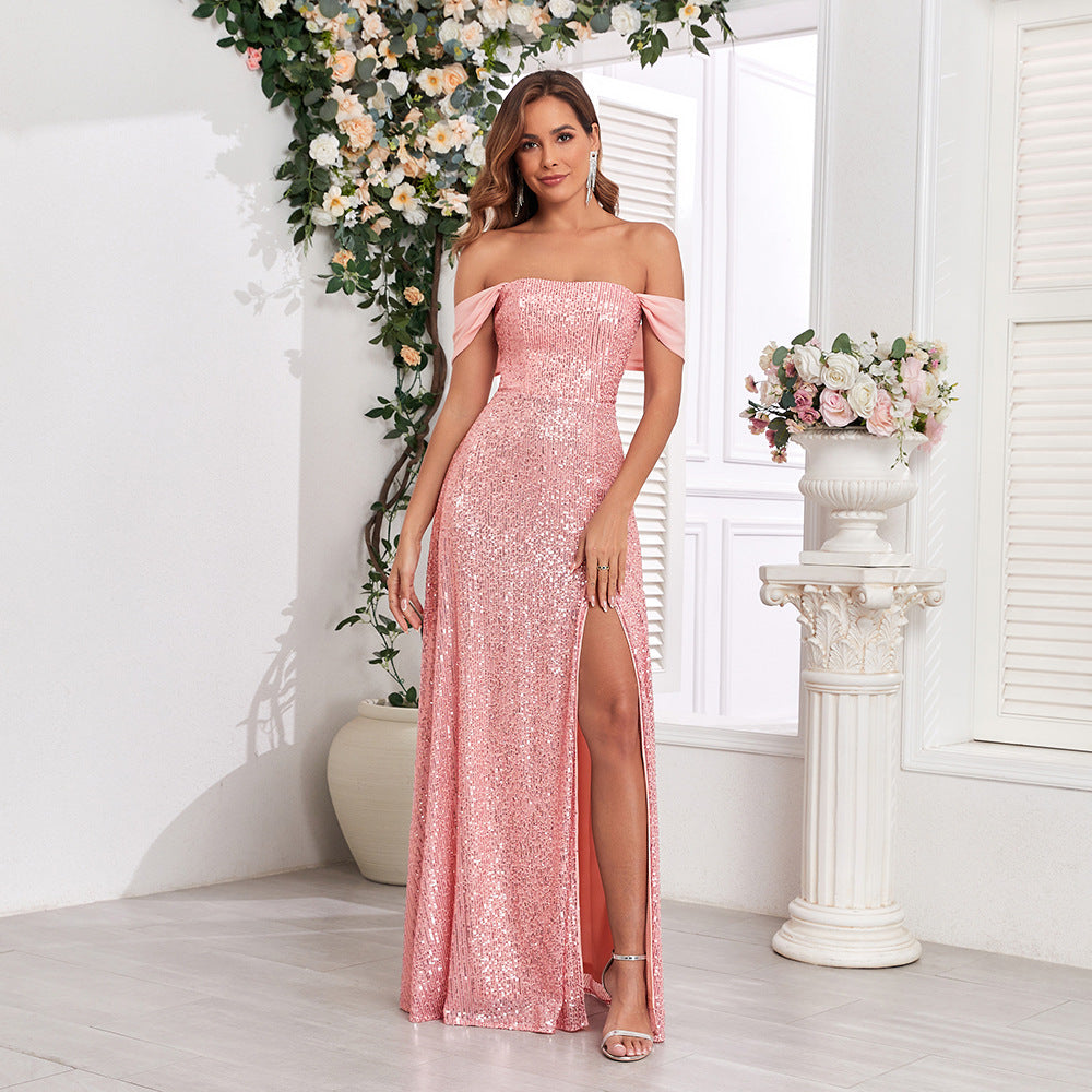 Sequined Dress Sequined Multiple Wear Spaghetti Straps Sleeveless High Slit Evening Dress