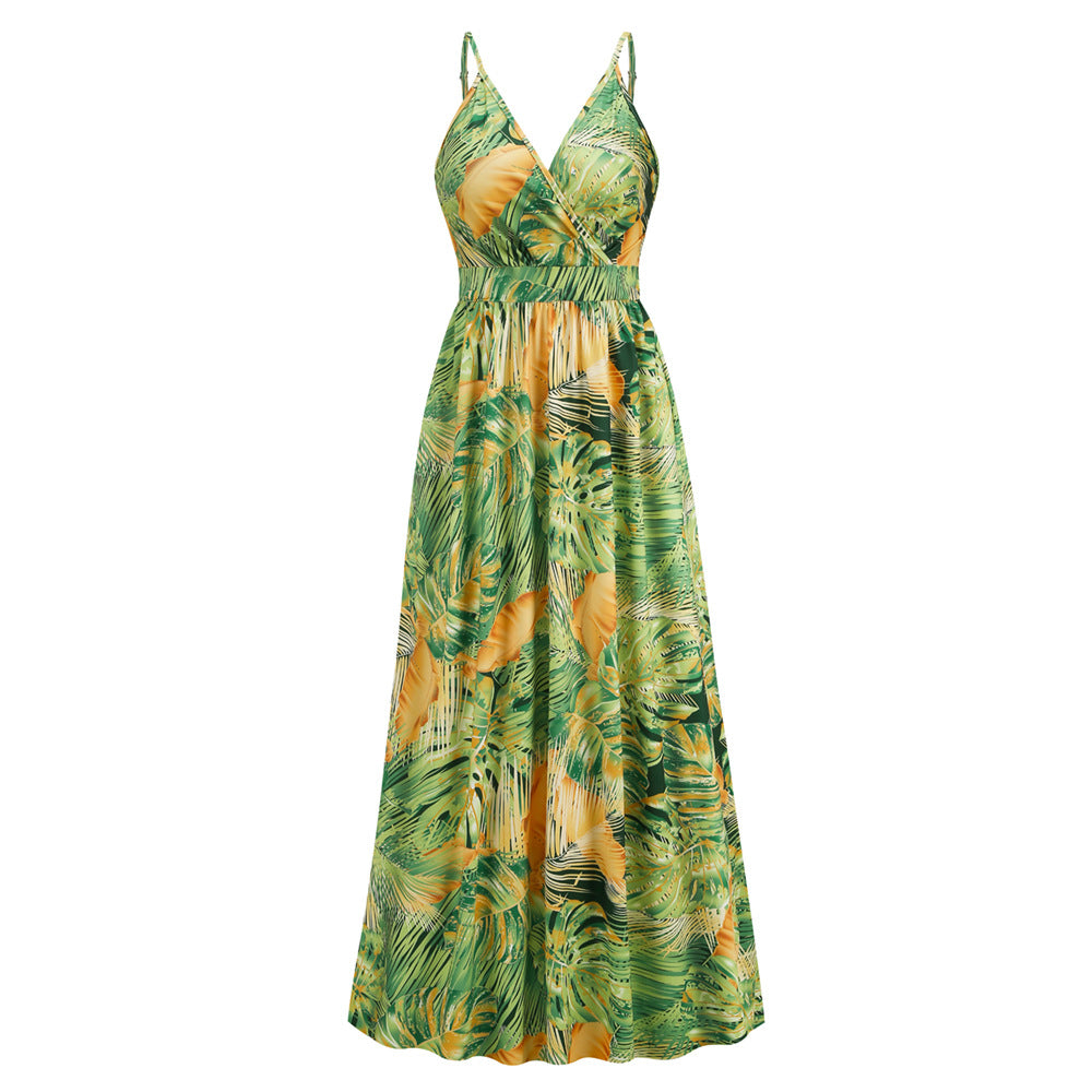 Bohemian Printed Maxi Dress V neck Strap Dress