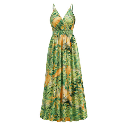 Bohemian Printed Maxi Dress V neck Strap Dress