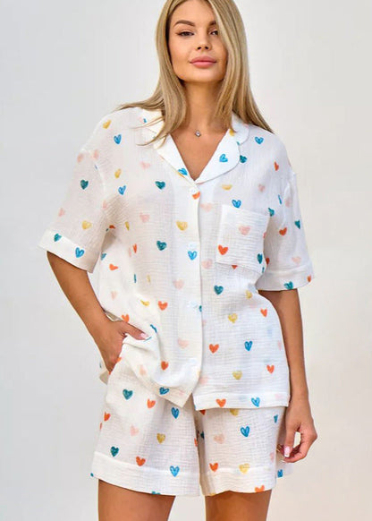 Cotton Gauze Heart Print Pajama Set
