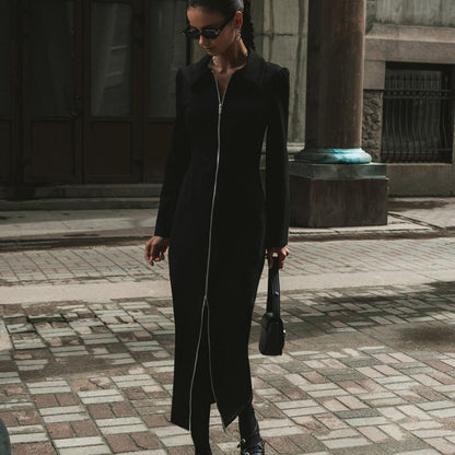 Cardigan Sheath Dress Polo Collar Long Sleeve Zipper Black Dress