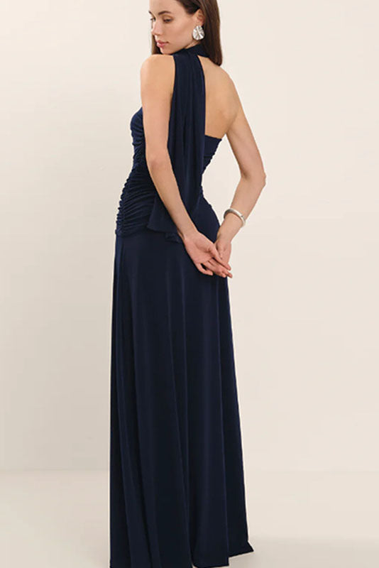 Dark Burgundy Draped Asymmetric Maxi Dress